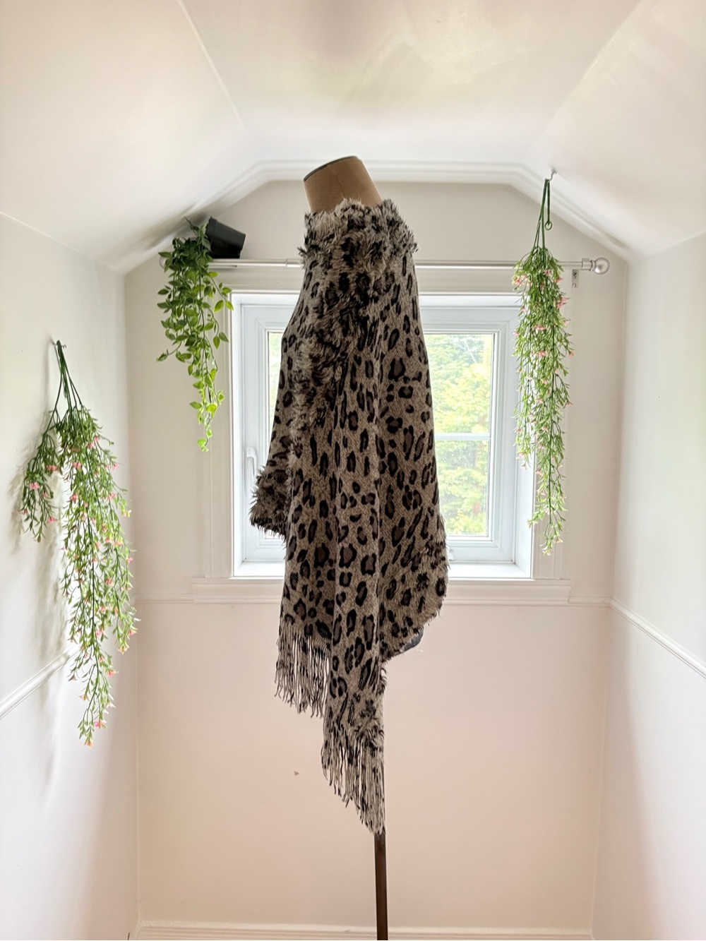 Leopard Print Fuzzy Poncho - Gray and Black - Picture 2 of 5